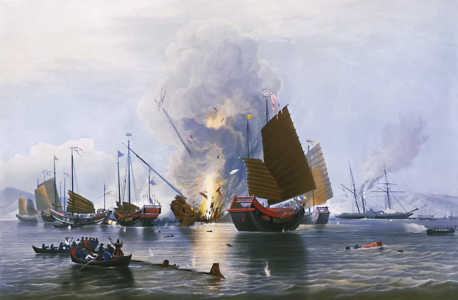 Edward Duncan Painting - Destroying Chinese war junks by Edward Duncan by Mango Art