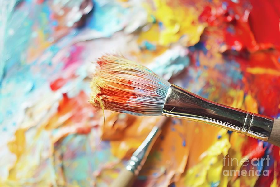 Detail of a brush giving brushstrokes of many colors on a palette. Photograph by Joaquin Corbalan