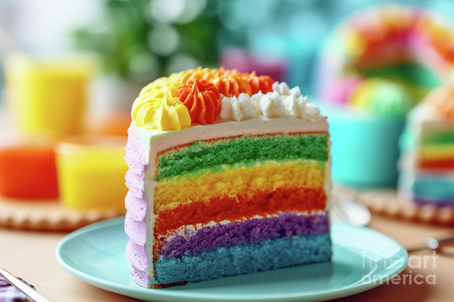 Detail of a colorful cream cake, with rainbow colored chocolate. Ai generated. Photograph by Joaquin Corbalan