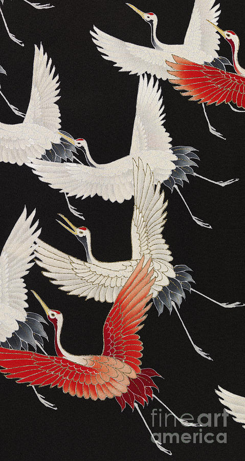 Detail of a Kimono with a Myriad of Flying Cranes Tapestry - Textile by Japanese School
