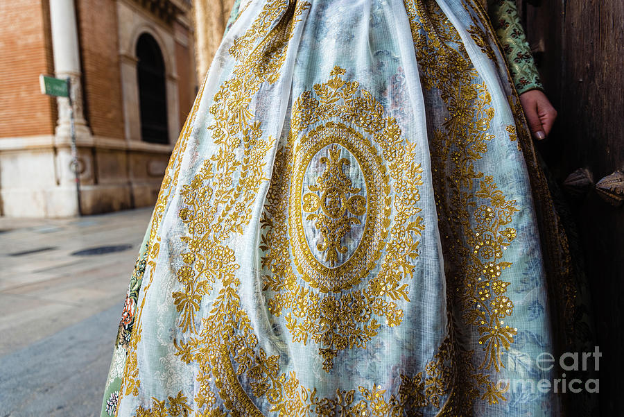 Detail of the traditional fallera dress, with rich golden thread Photograph by Joaquin Corbalan