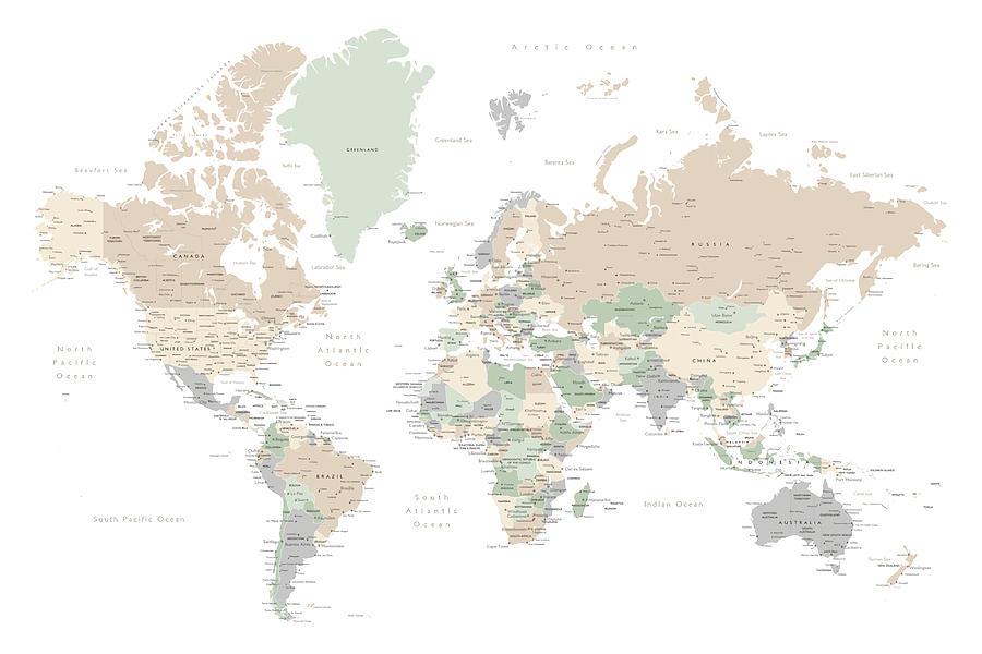 Detailed world map with cities Poster Painting by Jane Scott