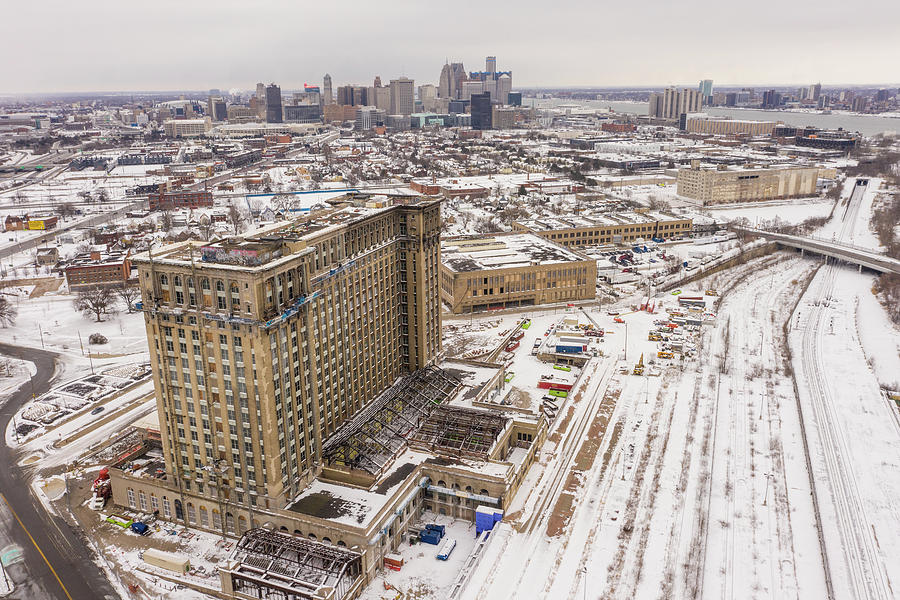 Detroit Central Station and cityscape winter  Photograph by John McGraw