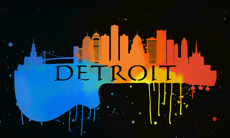 Detroit Colorful Skyline On Guitar Painting by Dan Sproul