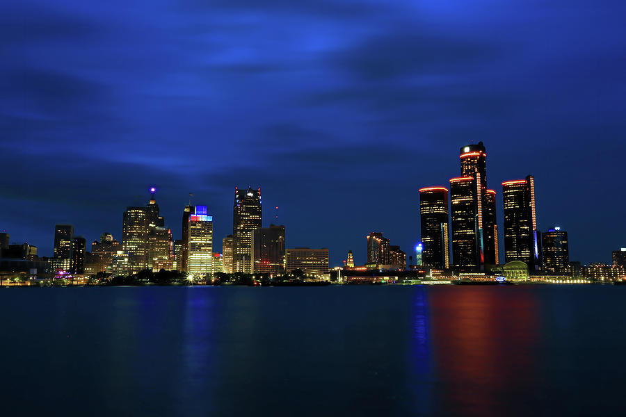 Detroit Downtown at Night Photograph by Shixing Wen