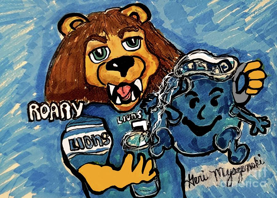 Detroit Lions Mixed Media - Detroit Lions Roary Drinking the Honolulu Blue Kool Aid  by Geraldine Myszenski
