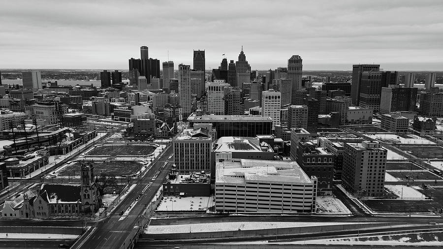 Detroit Michigan Skyline in Black and White Photograph by Eldon McGraw
