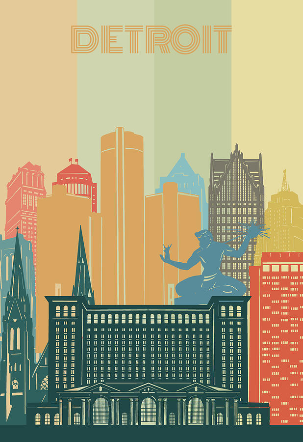 Detroit Skyline Retro Digital Art by Bekim M - Pixels