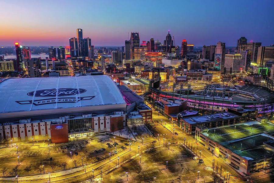 Detroit Skyline with Ford Field and Comerica Park DJI_0694 Photograph by Michael Thomas