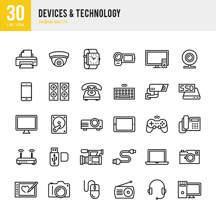 Devices & Technology - Thin Line Icon Set Drawing by Fonikum