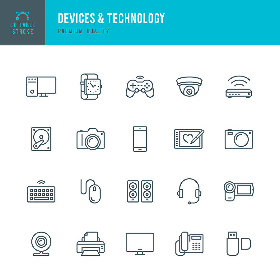 Devices and Technology - Thin Line Icon Set Drawing by Fonikum