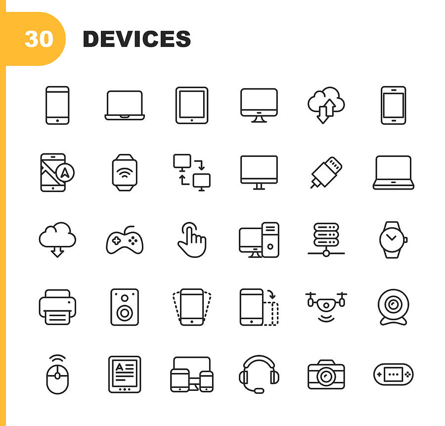 Devices Line Icons. Editable Stroke. Pixel Perfect. For Mobile and Web. Contains such icons as Smartphone, Smartwatch, Gaming, Computer Network, Printer. Drawing by Rambo182