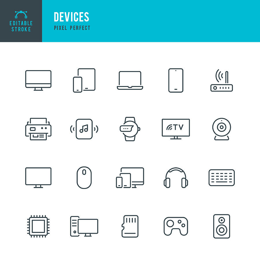 DEVICES - thin line vector icon set. Pixel perfect. Editable stroke. The set contains icons: Desktop PC, Laptop, Digital Tablet, Smart TV, Smart Phone, Smart Speaker, Smart Watch. Drawing by Fonikum