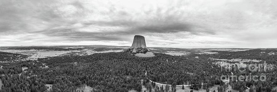 Devils Tower Aerial Panorama BW Photograph by Michael Ver Sprill