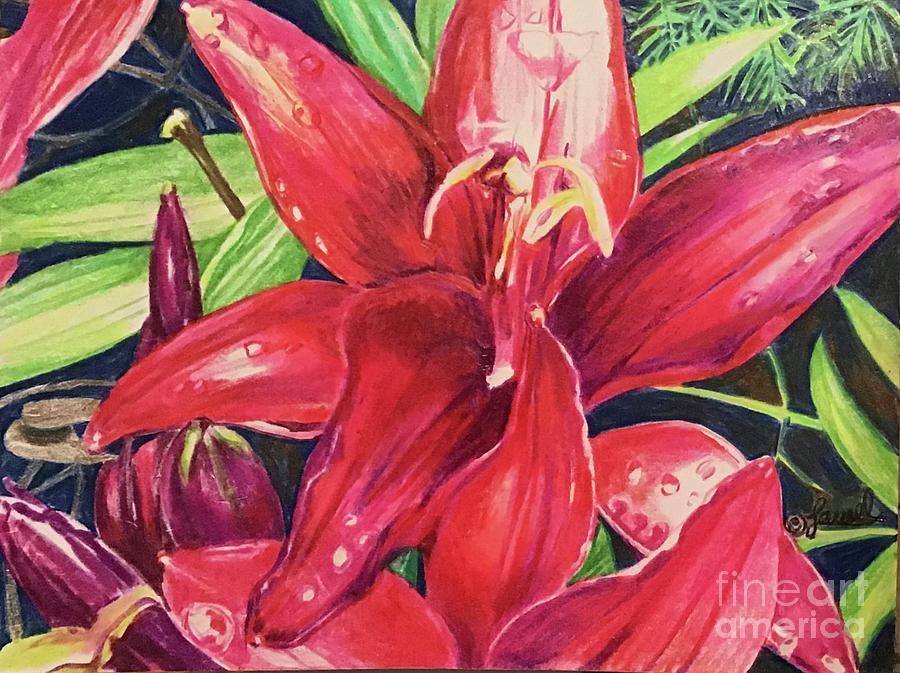 Floral Abstract Painting - Dew dropped Crimson Lillies by Laurel Adams