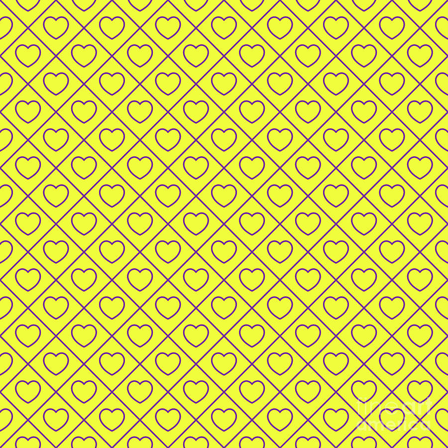Diagonal Grid With Line Heart Pattern In Sunny Yellow And Iris Purple N.2182 Painting