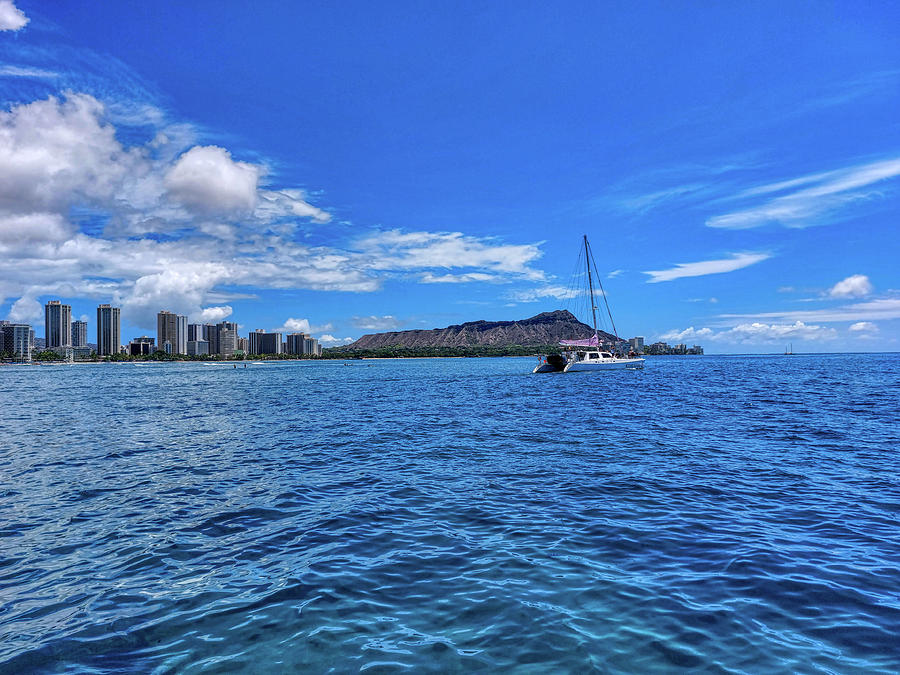 Diamond Head and Sailboat near Waikiki, Honolulu, Hawaii Photograph by Chance Kafka