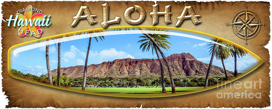 Diamond Head with 8 Palm Trees Surf Board Photograph by Aloha Art