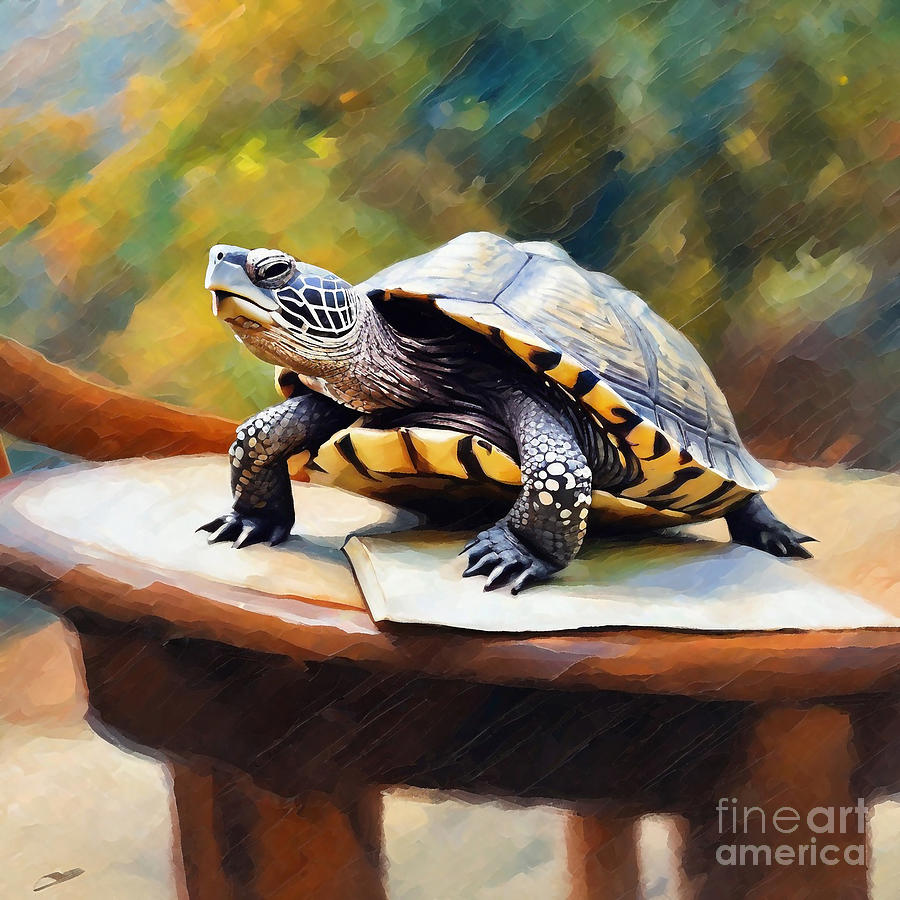 Diamondback Terrapin read book Painting by Adrien Efren - Fine Art America