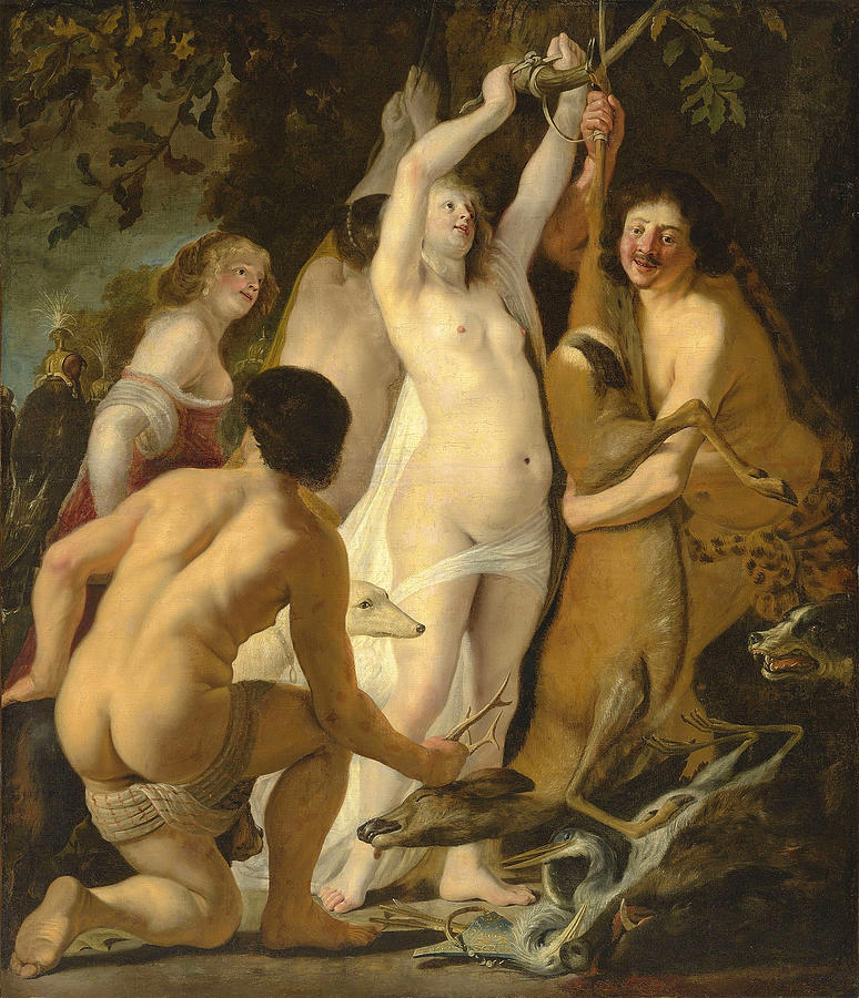 Diana after the hunt, with a portrait of the artist Painting by Christiaen van Couwenbergh