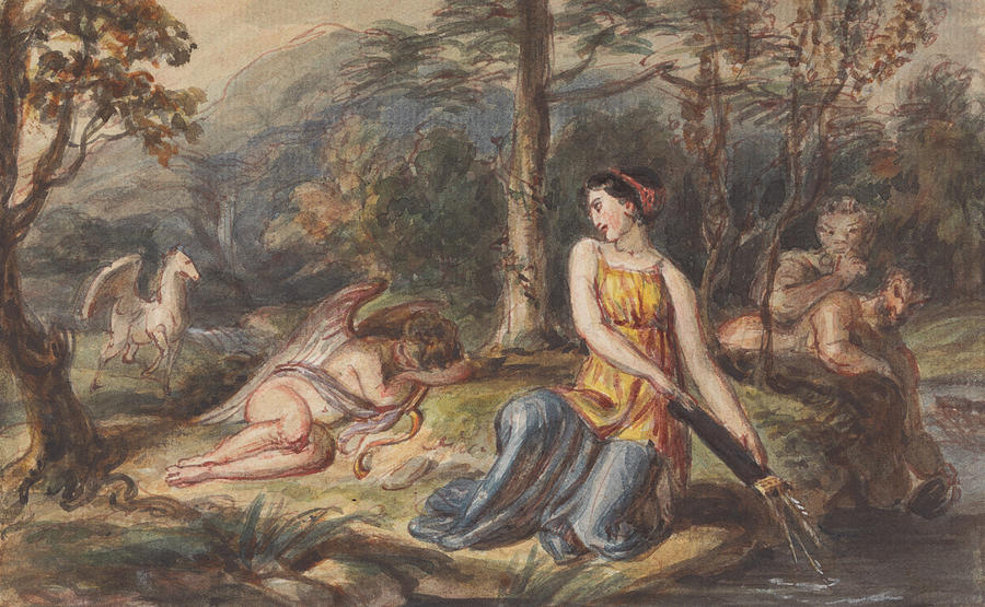 Diana, Goddess of the Hunt, with Satyrs Drawing by Robert Smirke
