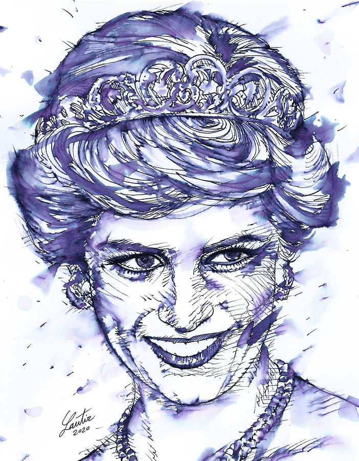 DIANA PRINCESS OF WALES ink and watercolor portrait Drawing by