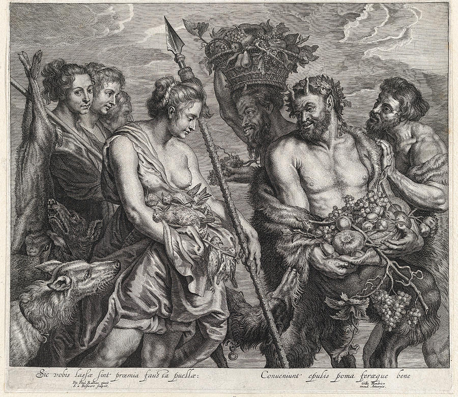Diana returning from the chase, accompanied by dogs and her nymphs at left, two satyrs at right Drawing by Schelte Adams Bolswert