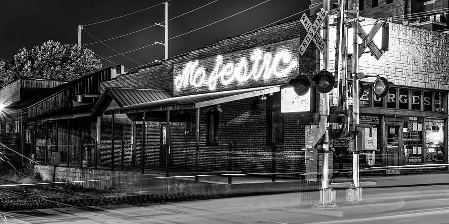 Dickson Streets Majestic Music Lounge Along The Tracks - Black and White Panorama Photograph by Gregory Ballos Dickson Streets Majestic Music Lounge Along The Tracks - Black and White Panorama Photograph by Gregory Ballos