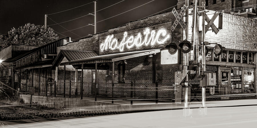 Dickson Streets Majestic Music Lounge Along The Tracks - Sepia Panorama Photograph by Gregory Ballos Dickson Streets Majestic Music Lounge Along The Tracks - Sepia Panorama Photograph by Gregory Ballos