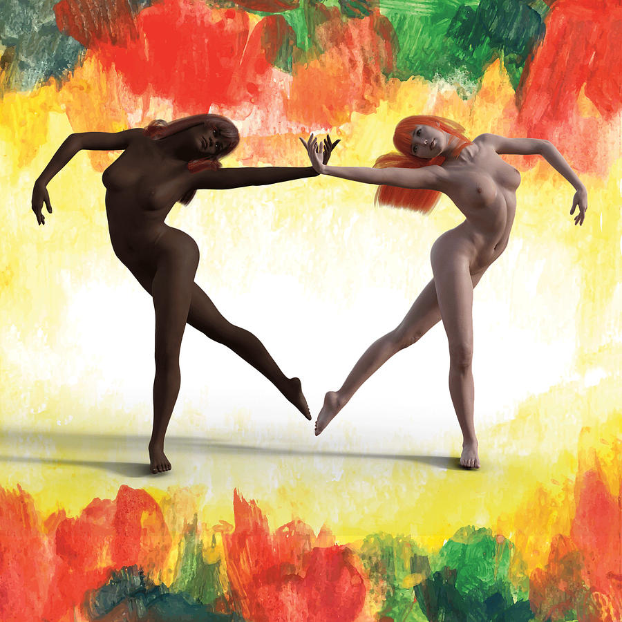 Black And White Drawing - Different skin colors same wavelength nude dancers watercolor holi background colorful stains by Mounir Khalfouf