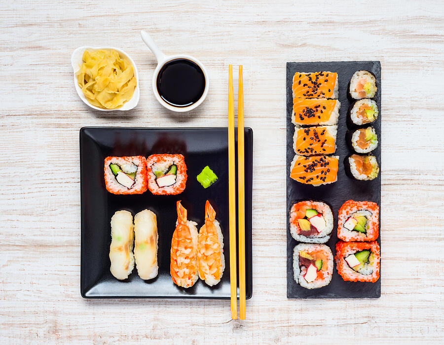 Different Sushi Types with Soy Sauce and Gari Photograph by Xfotostudio
