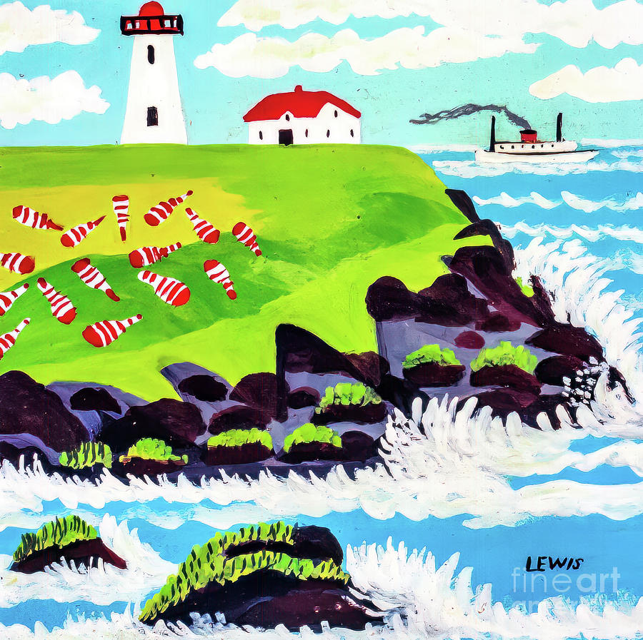 Digby Ferry Passing Point Prim Lighthouse by Maud Lewis 1950s Painting by Maud Lewis