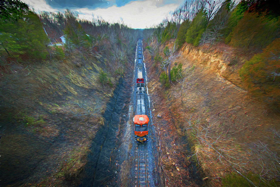 Digital Art-BNSF 6365 and CN 2126 lead a northbound empty coal train at Rockport Ky Photograph by Jim Pearson