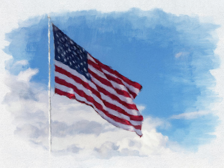 Digital art of USA stars and stripes flag against blue sky Photograph by Steven Heap