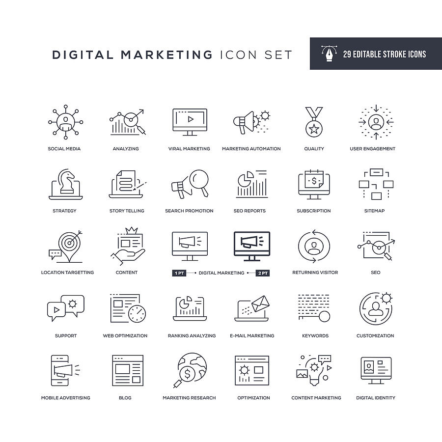 Digital Marketing Editable Stroke Line Icons Drawing by Enis Aksoy