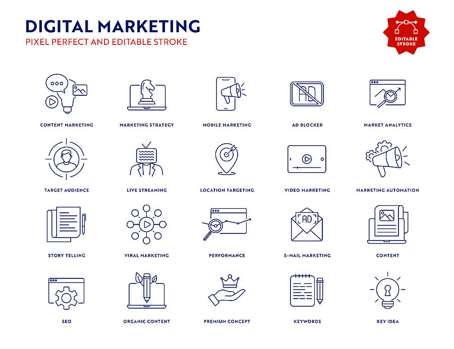 Digital Marketing Icon Set with Editable Stroke and Pixel Perfect. Drawing by Esra Sen Kula