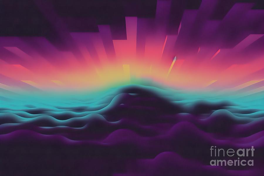 Abstract Painting - Digital Noise Gradient Nostalgia Vintage 70s 80s Style Abstract Lo Fi Background Retro Wave Synthwave Wallpaper Template Print Minimal Minimalist Blue Black Beige Purple Pink Color by N Akkash