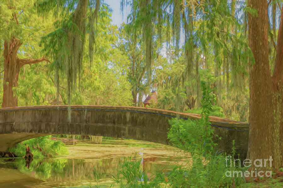Tree Photograph - Digital Oil of Lagoon Bridge in City Park NOLA by Kathleen K Parker
