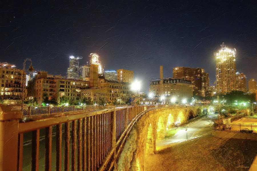 Digital Painting Stone Arch View of Downtown Minneapolis Digital Art by Hermes Fine Art