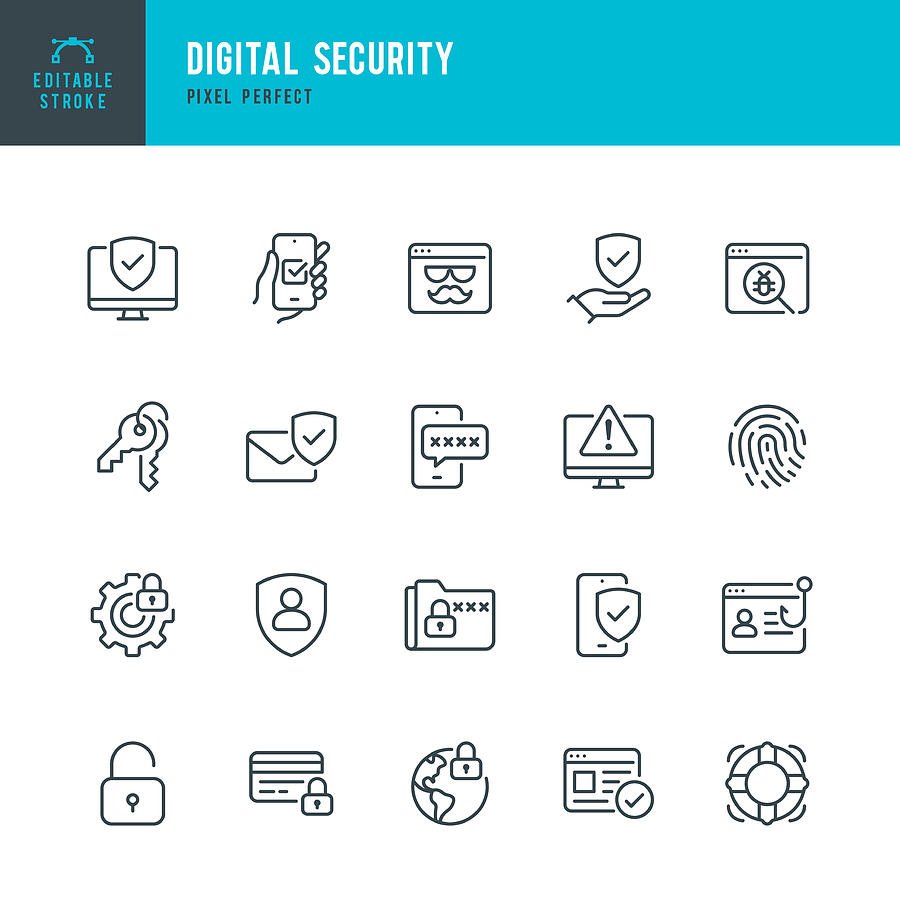 Digital Security - thin line vector icon set. Pixel perfect. Editable stroke. The set contains icons: Security System, Antivirus, Privacy, Fingerprint, Web Page, Password, Support. Drawing by Fonikum