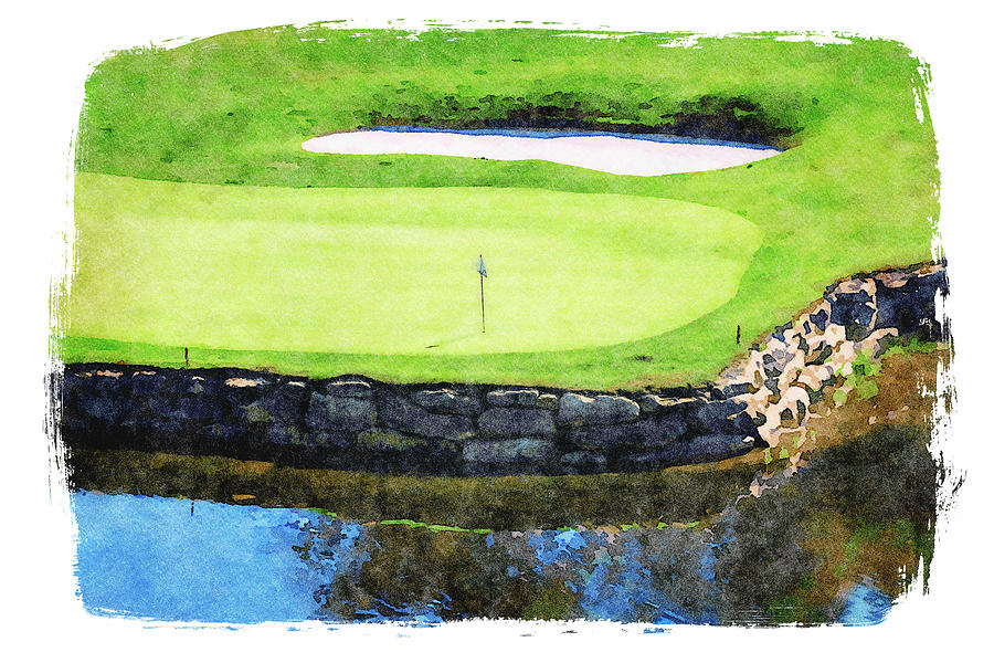 Digital water color of the 18th hole on golf course Photograph by Steven Heap