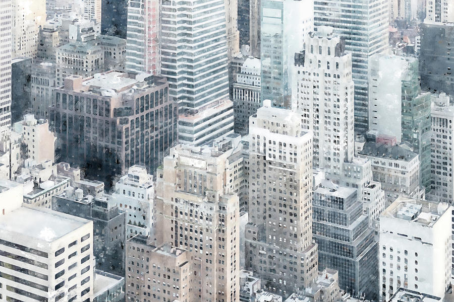 Digital watercolor painting New York City skyscrapers in midtown Manhattan aerial panorama view Digital Art by Maria Kray
