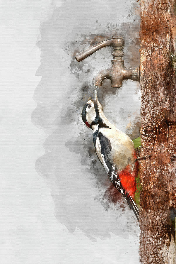 Wildlife Digital Art - Digital watercolor painting of Image of Leser Spotted Woodepecke by Matthew Gibson