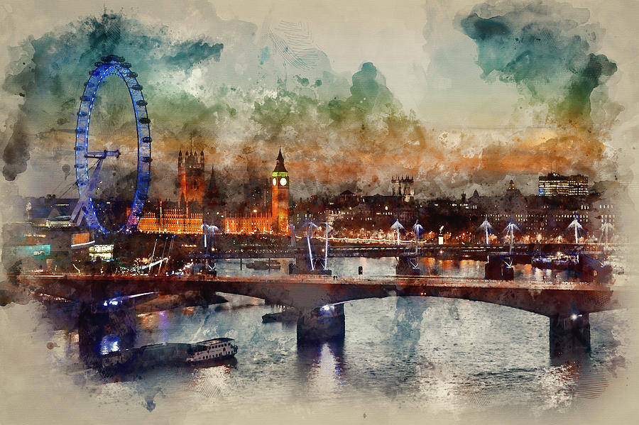 Digital watercolor painting of London skyline at night including ...