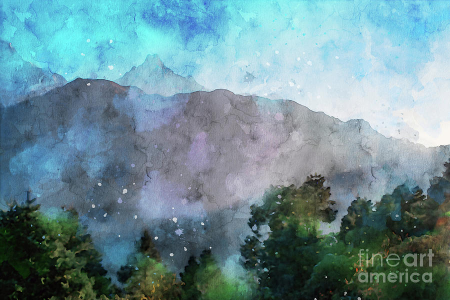 Digital watercolor painting of mountain in the morning Rainy se by Nithid Sanbundit