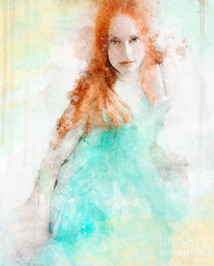 Digital Watercolor Redhead Portrait Digital Art