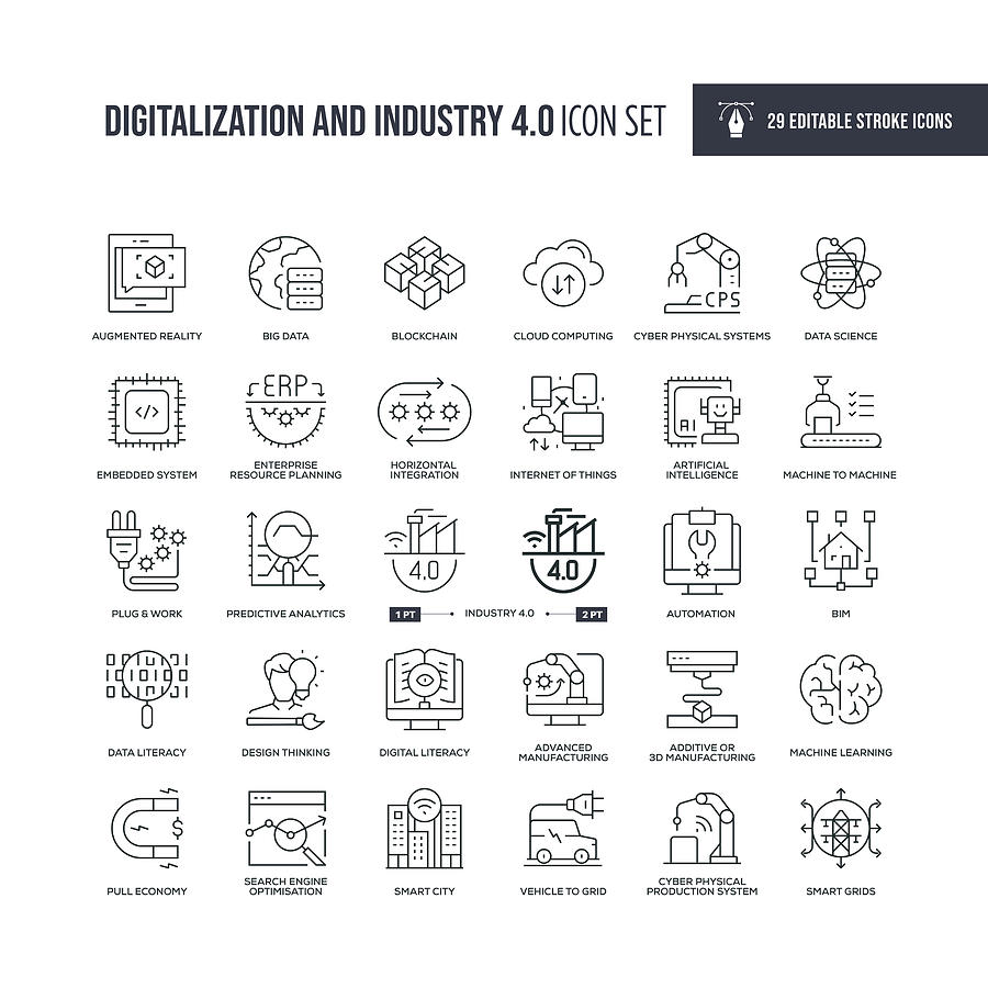 Digitalization and Industry 4.0 Editable Stroke Line Icons Drawing by Enis Aksoy
