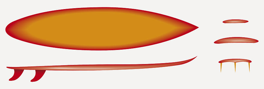 Digitally generated illustration of surfboard in sequence of shapes and fins Drawing by Dorling Kindersley