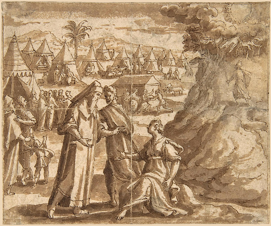 Aaron and Nadab Taking Leave of Elisheba, with the Israelites Camped before Mount Sinai and Moses Ascending the Mountain Drawing by Adam van Noort