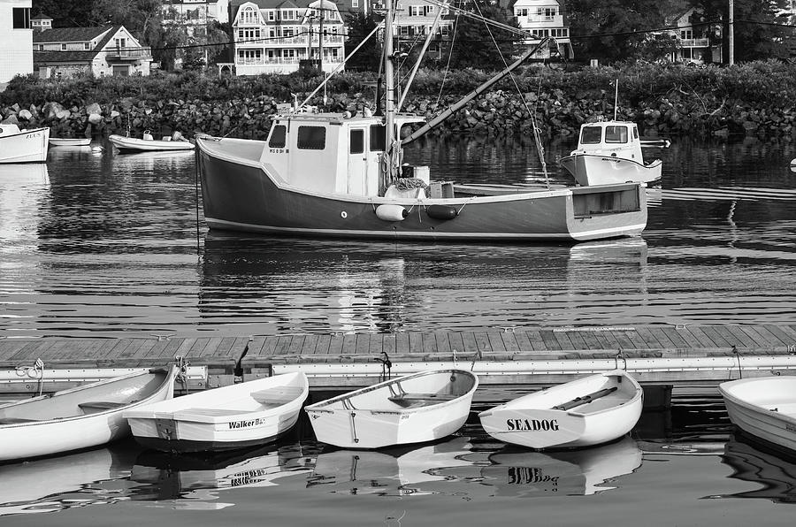 Dinghys and Fishing Boat on Manchester Harbor Manchester-by-the-sea MA Black and White Photograph by Toby McGuire